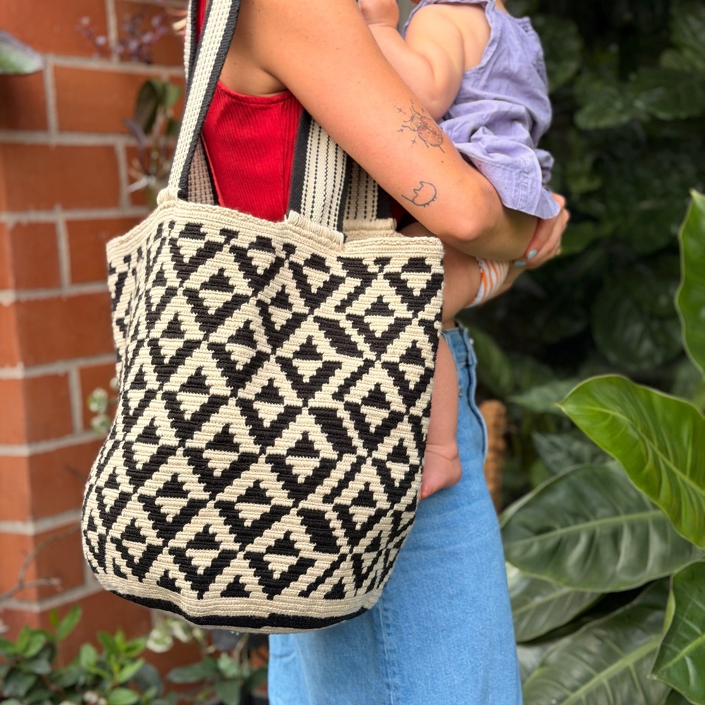 Black & Cream Woven Tote Bag - Handcrafted Women’s Shoulder Bag